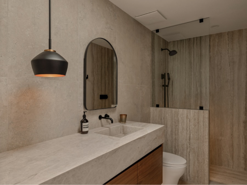 Image (Warm minimal bathroom with wood vanity and marble)