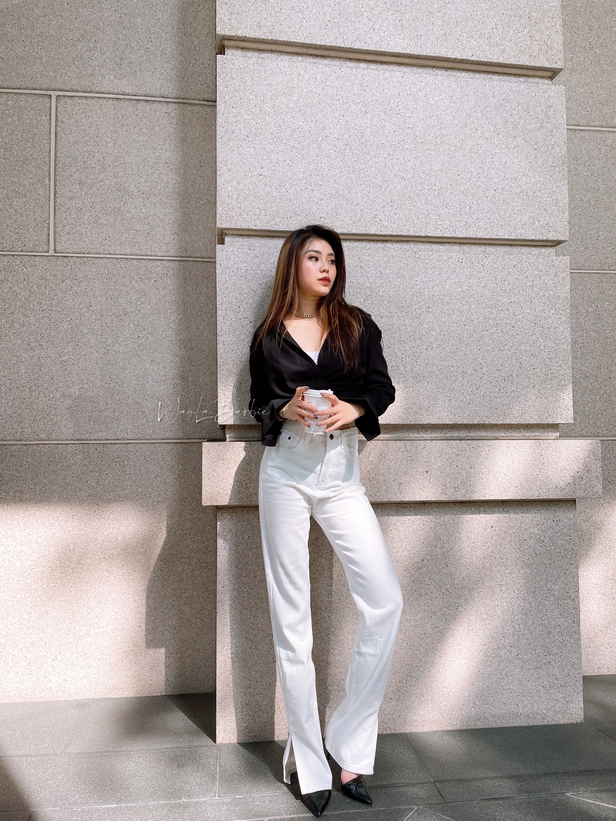 逆天長腿純白直筒側開衩長褲