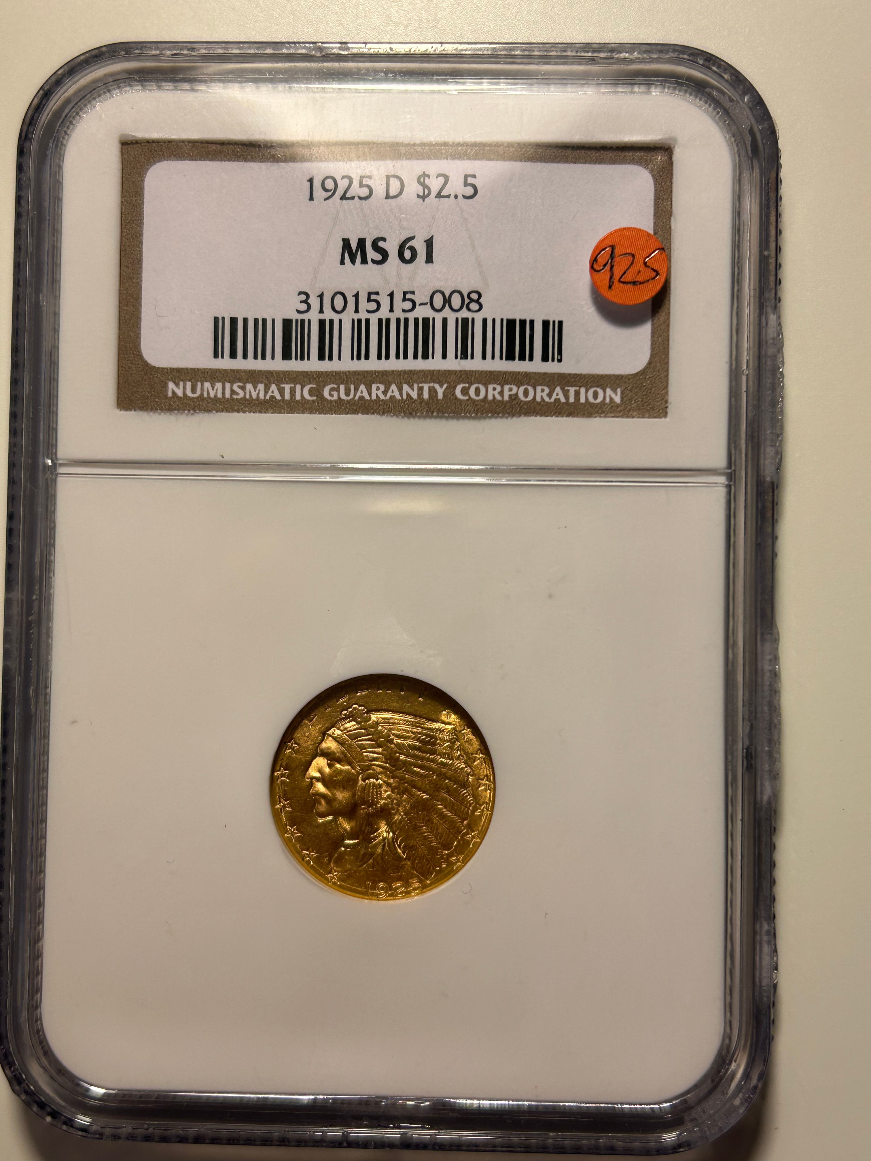 1925 - D NGC MS61 $2.5 Indian 