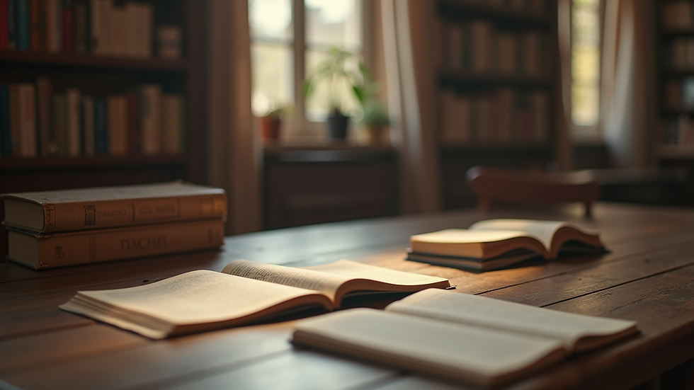 Eye-level view of a cozy study space with books and a desk