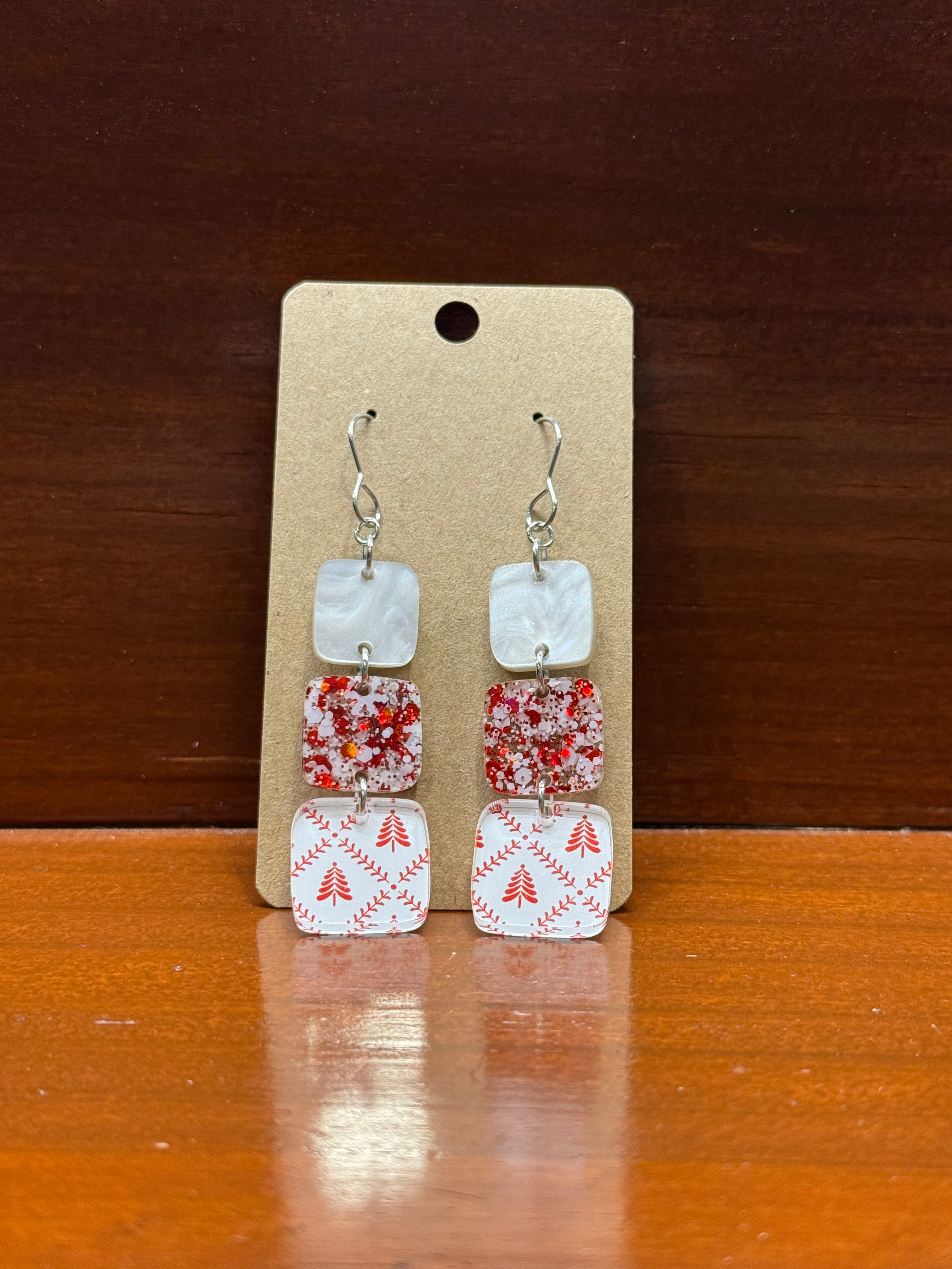 Pearl, Red Glitter, and Tree Earrings
