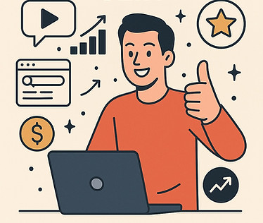 Illustration eines erfolgreichen Online-Auftritts mit Laptop, Daumen hoch und Symbolen für Sichtbarkeit und Umsatz