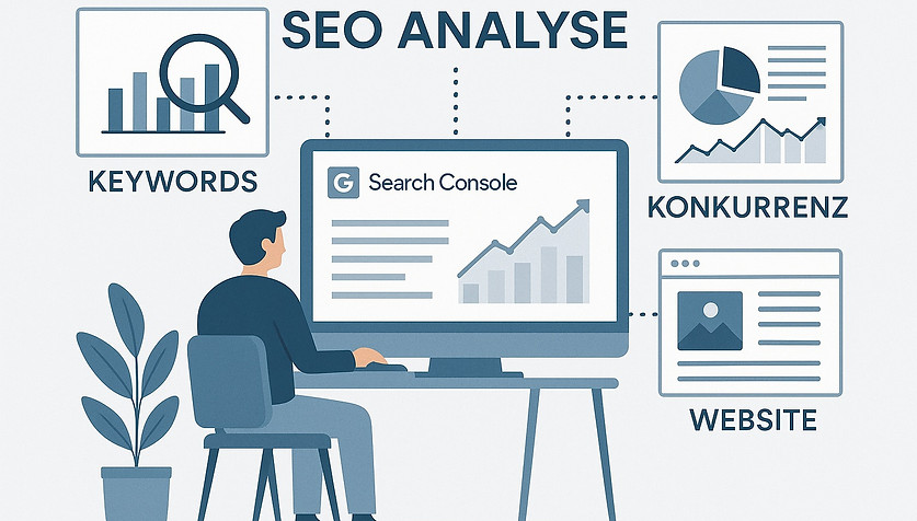 „Illustration zur SEO-Analyse mit Fokus auf Keywords, Konkurrenz, Website-Daten und Google Search Console