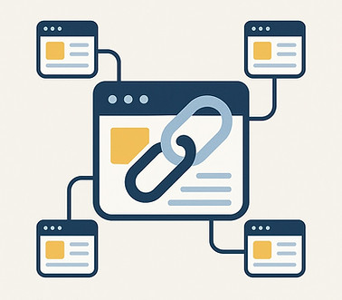 Illustration zu hochwertigen Backlinks als Teil der Offpage-SEO mit verlinkten Webseiten und zentralem Kettensymbol