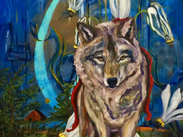 Hey There Little Red Riding Hood by artist Andrea LaHue aka Random Act, multimedia and oil on cradled wood panel.