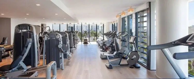 State-of-the-art fitness center at W South Beach Miami, featuring a variety of modern exercise equipment, perfect for a comprehensive workout experience with personal trainer Theo Marcopoulos.