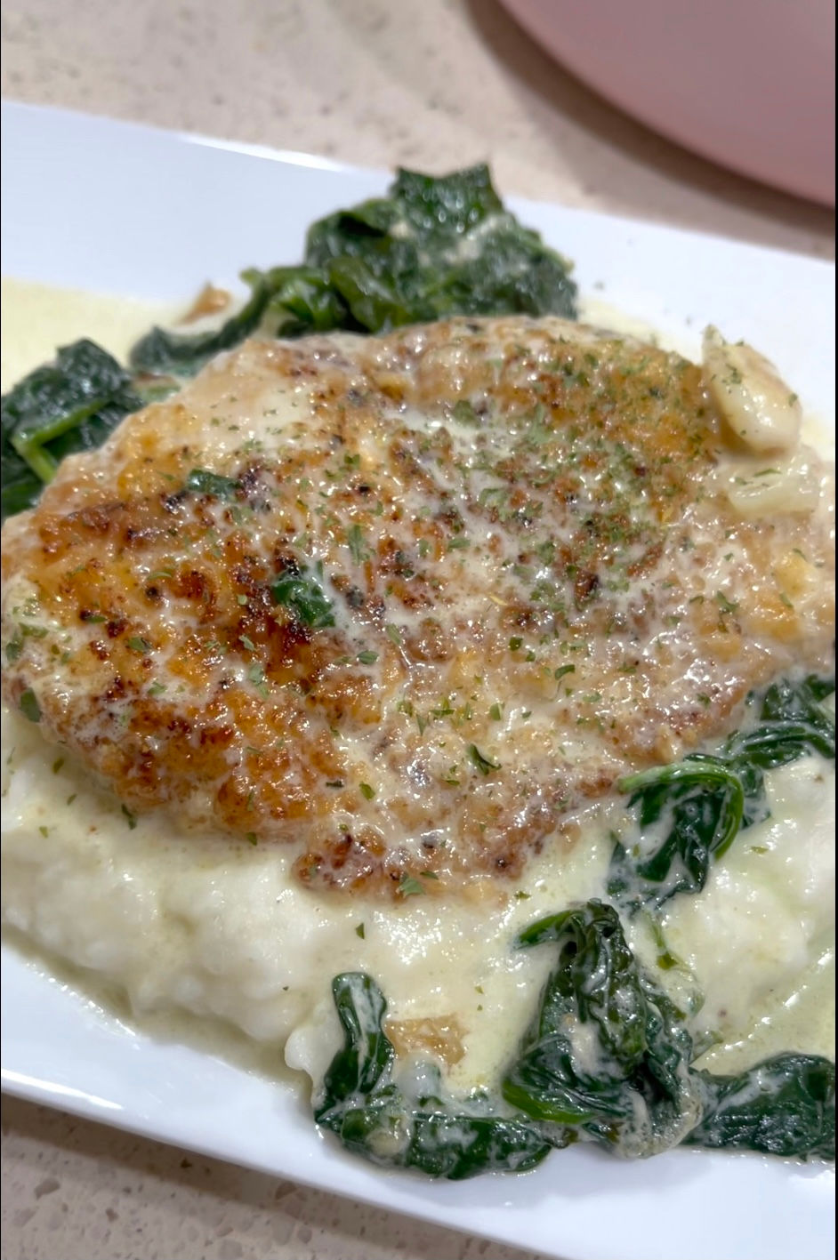Creamy Garlic Chicken, Mashed Potatoes and Spinach