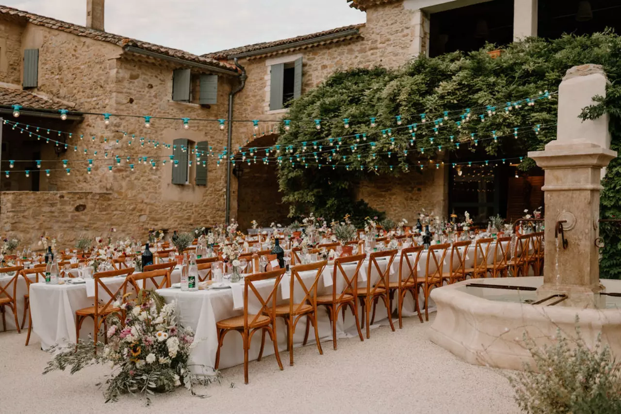 The courtyard of the Domaine de Valbonne prepared for a reception