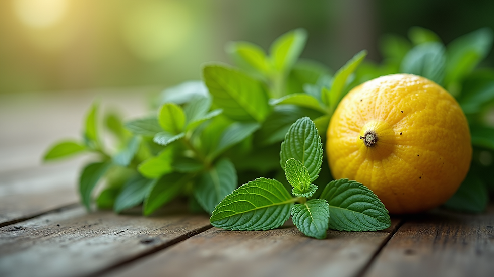 Eye-level view of herbs, including mint and a lemon