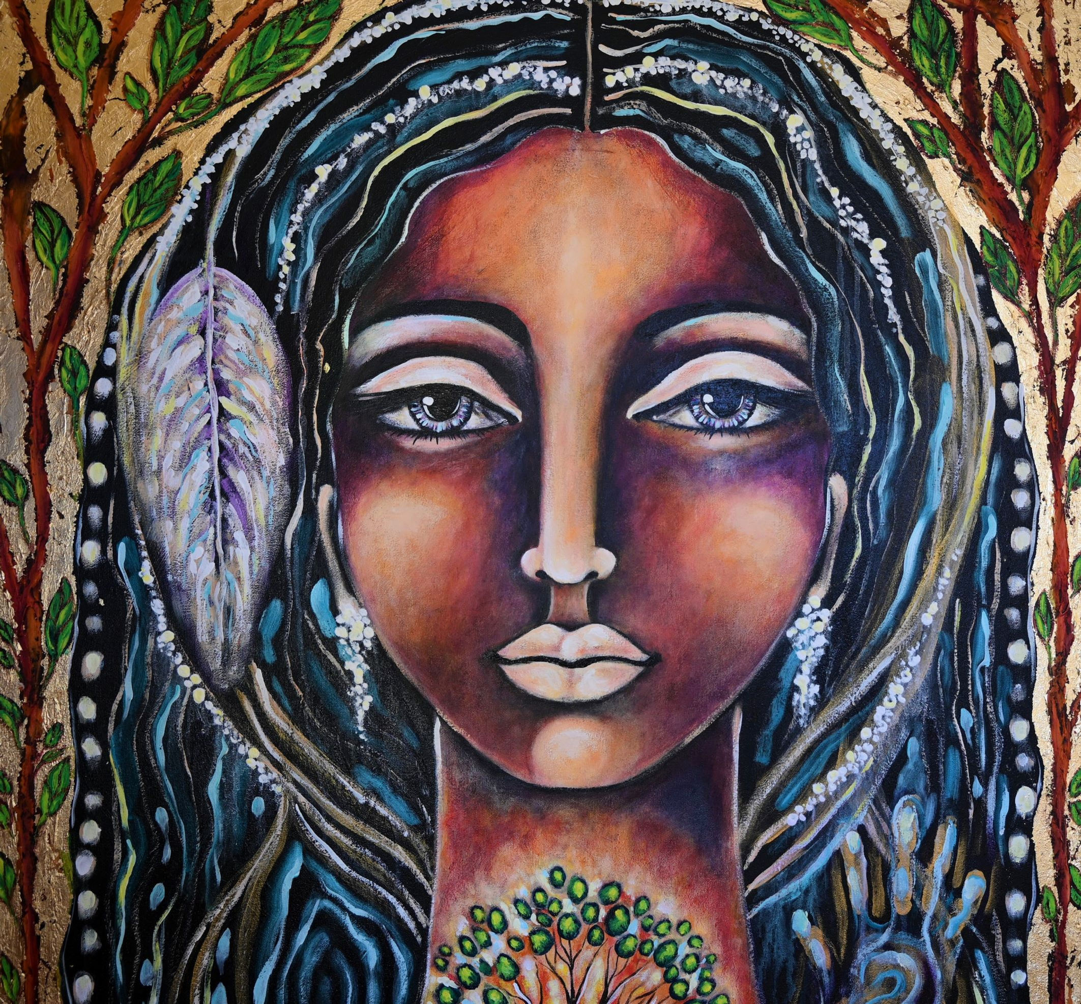 Portrait de femme symbolisant les quatre éléments par l'artiste peintre Virginie Hentzienne