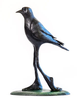 A bronze sculpture entitled Crow's Feet by Paul Kroner of a crow with human feet