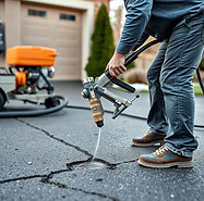 man filling in cracks in driveway with a gun attached to a machine prepping it for deal co