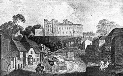 Etching of Farnham Castle from Castle Street