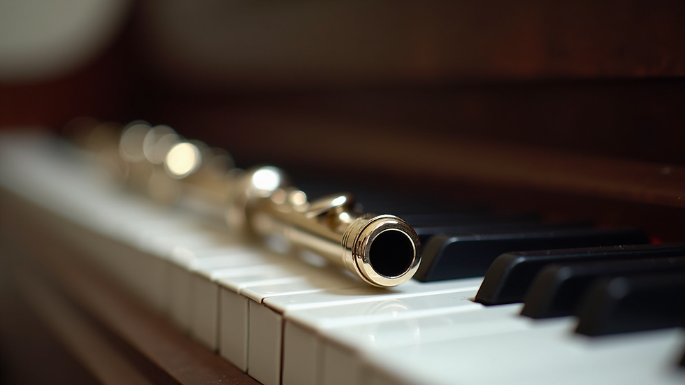 Close-up view of a flute resting on a piano keyboard
