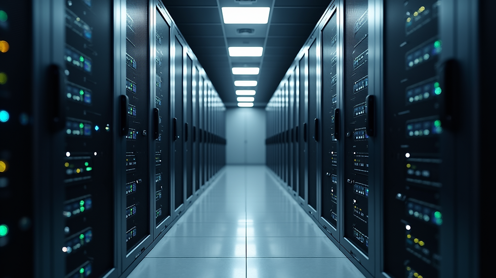 High angle view of a data center with rows of servers