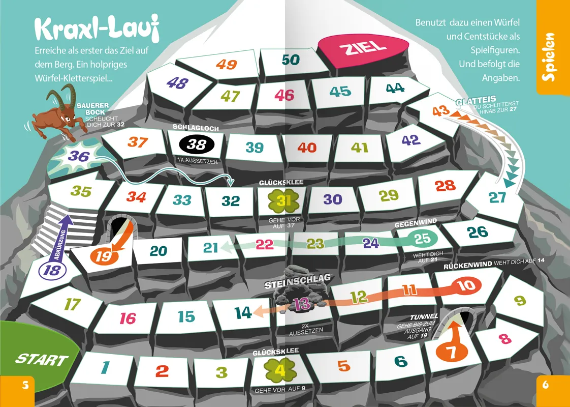 Auszug Seite 5 und 6 aus "Die Knobel-Kritzel-Kleister-Kladde" Band 2 - Minispiel "Kraxl-Lauf"