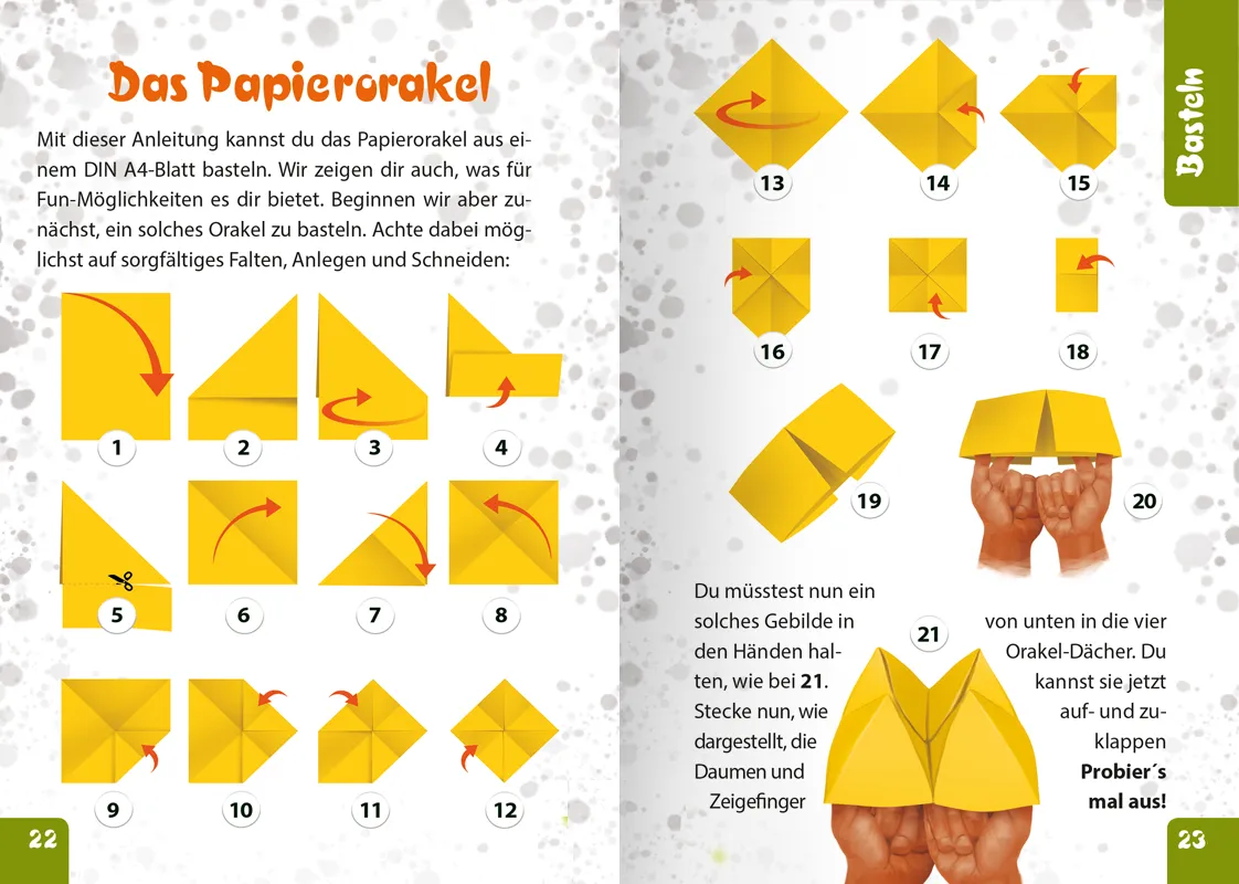 Auszug Seite 22 und 23 aus "Die Knobel-Kritzel-Kleister-Kladde" Band 1 - Bastelanleitung "Das Papierorakel"