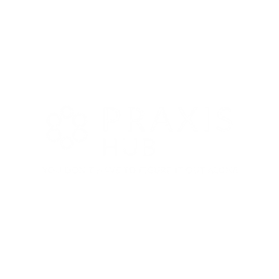 Praxis Hub logo with a circular pattern on black background. Text reads: "YOU DON'T HAVE TO FIGURE IT OUT ALONE." Mood: supportive.