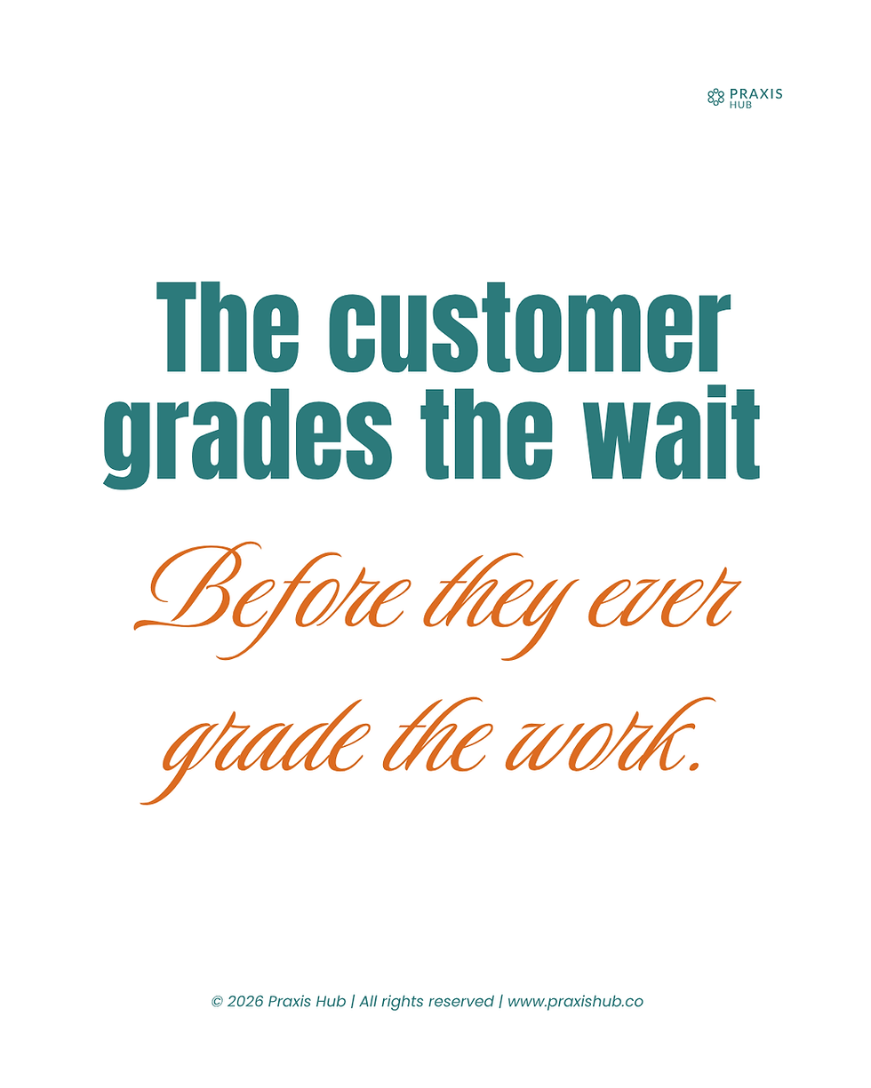 Praxis Hub quote graphic on white: The customer grades the wait before they ever grade the work, in teal and orange text.