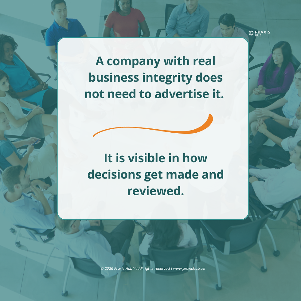 usiness integrity quote card — a company with real business integrity is visible in how decisions get made and reviewed.