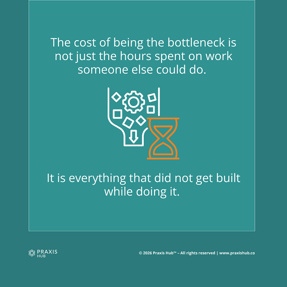 White text on teal background reads: "The cost of being the bottleneck...". Funnel and hourglass icons illustrate the concept.