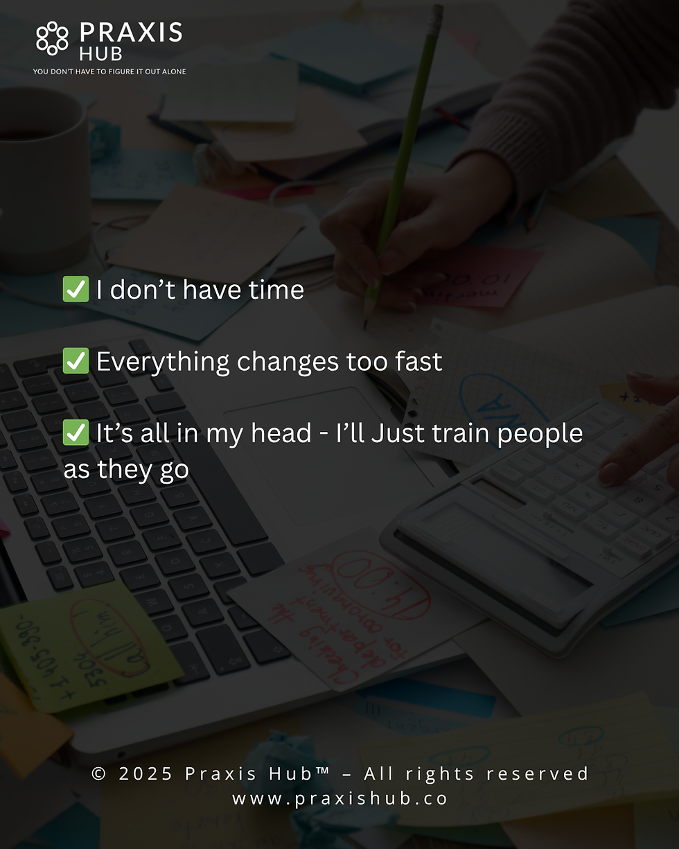 Hands write on sticky notes over a laptop and calculator. Green checkmarks list obstacles:Overwhelmed small business owner needs process documentation to reduce training time.Text: Praxis Hub.