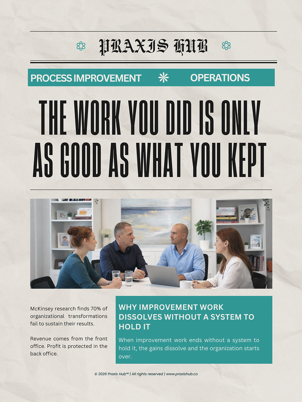 Process improvement system editorial graphic showing leadership team in meeting with headline the work you did is only as good as what you kept
