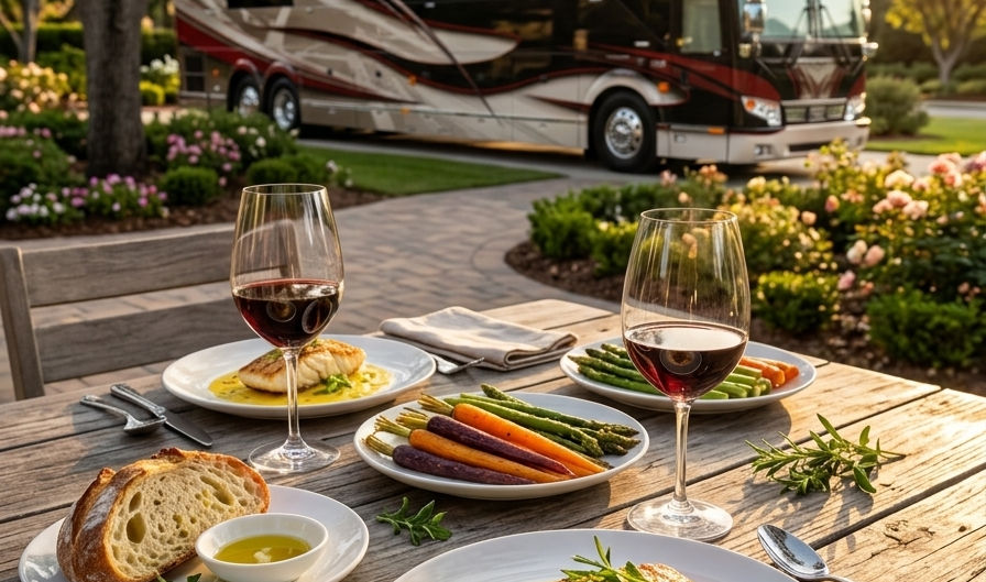 Dinner plated on an outdoor table beside the motorhome at sunset