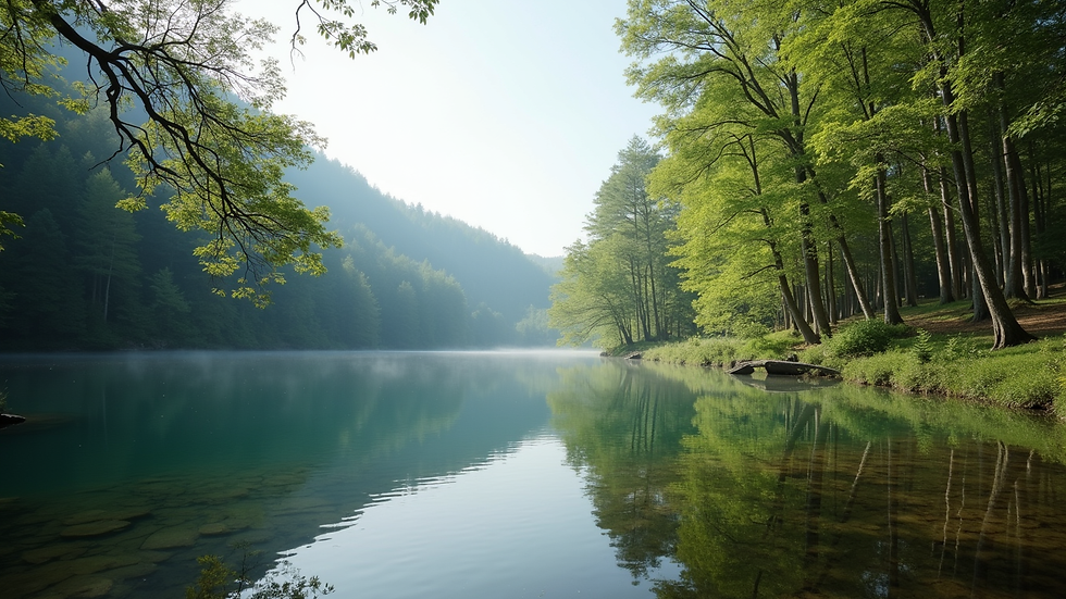 Eye-level view of a serene nature scene with a calm lake and surrounding trees