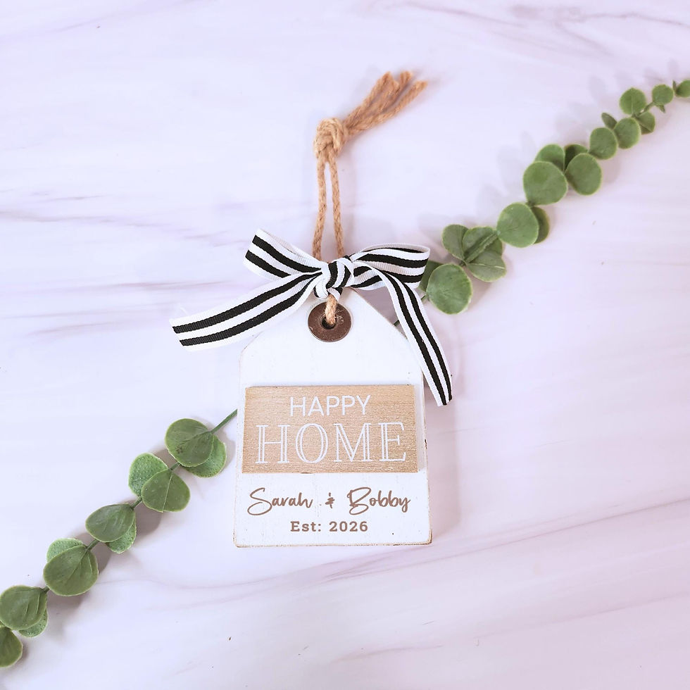 Thumbnail: White gift tag 'HAPPY HOME' for Spenser & Brittany, Est. 2024, with striped ribbon