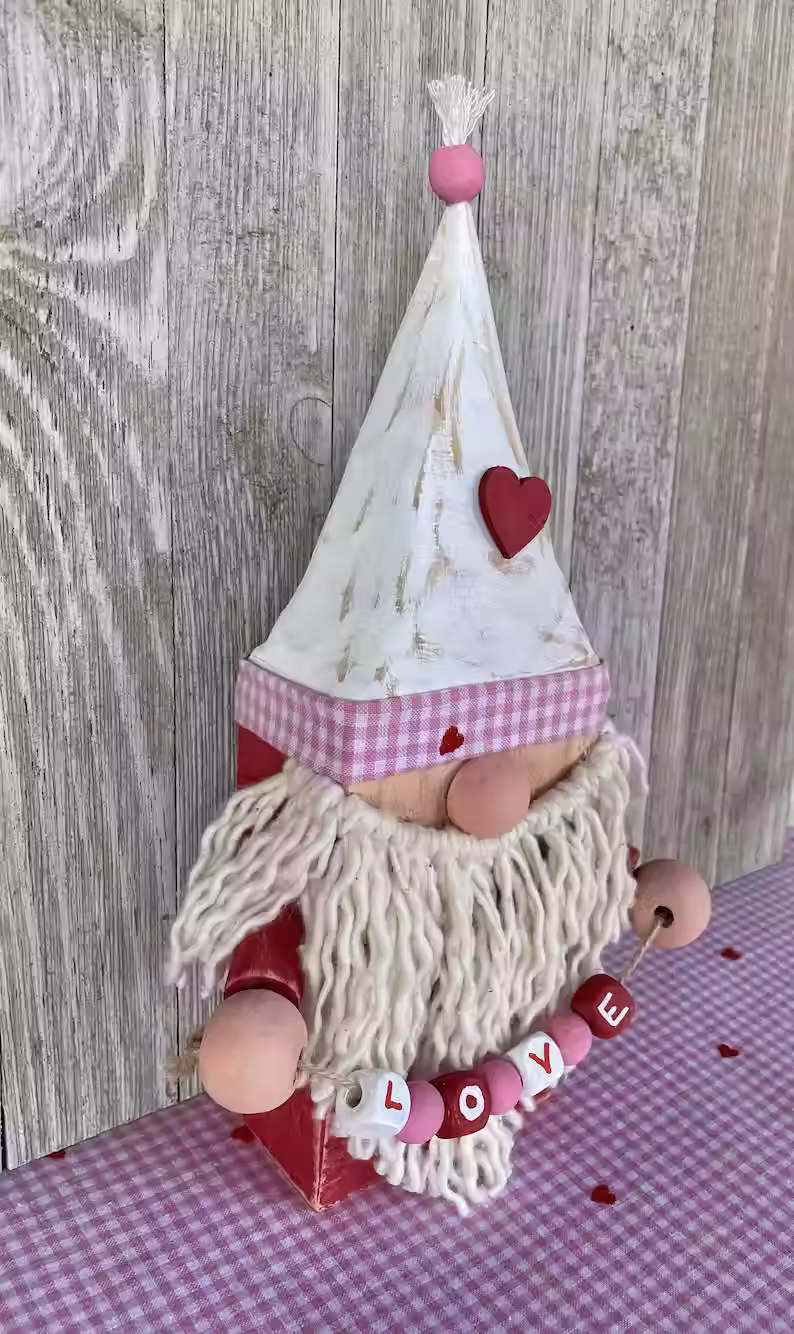 Thumbnail: Primitive Valentine gnome decor rustic wood gnome with heart accents country home decoration  5.