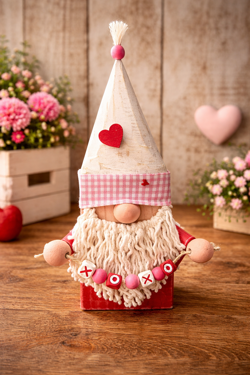 Rustic Valentine's Day Gnome. LOVE & XOXO Wood Bead Garland.