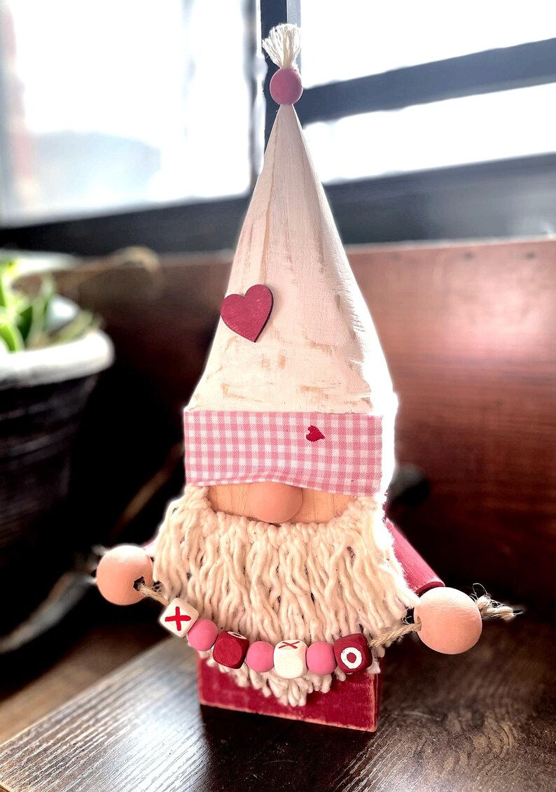 Thumbnail: Farmhouse Valentine decor wooden gnome with hearts romantic shelf sitter handmade
