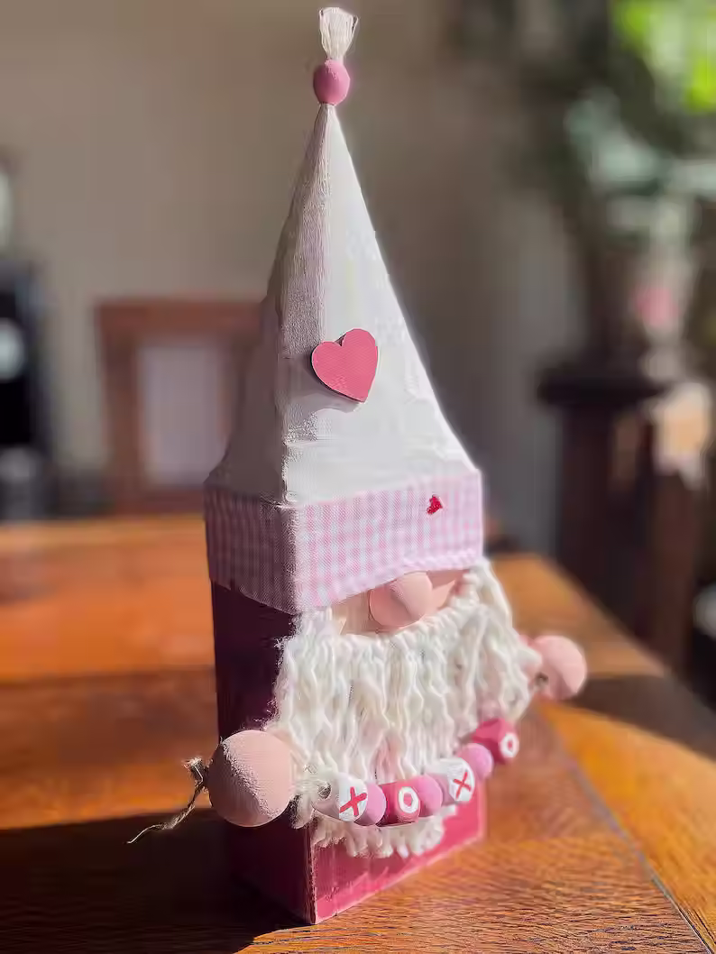 Thumbnail: Handmade wooden gnome with heart garland shelf sitter