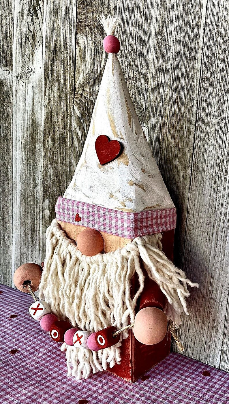 Thumbnail: Valentine shelf sitter gnome handmade wooden decor with heart banner farmhouse style