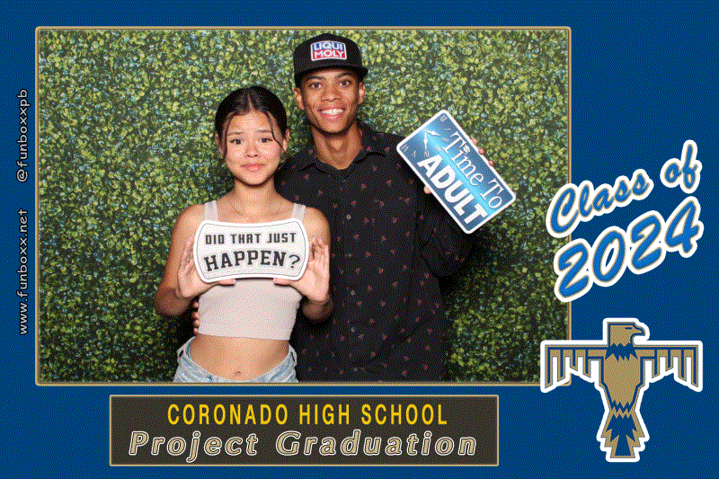 A fun-loving couple posing in four different, unique ways at Coronado High School’s 2024 Project Graduation, showcasing the excitement and energy of the event—by Funboxx Photo Booths.