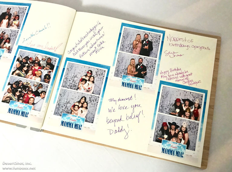 A festive guest book spread filled with photo strips from Isabel’s “Mamma Mia!” themed event. Each page features joyful group shots and handwritten notes from guests, capturing memories, laughter, and heartfelt messages—by Funboxx Photo Booths.