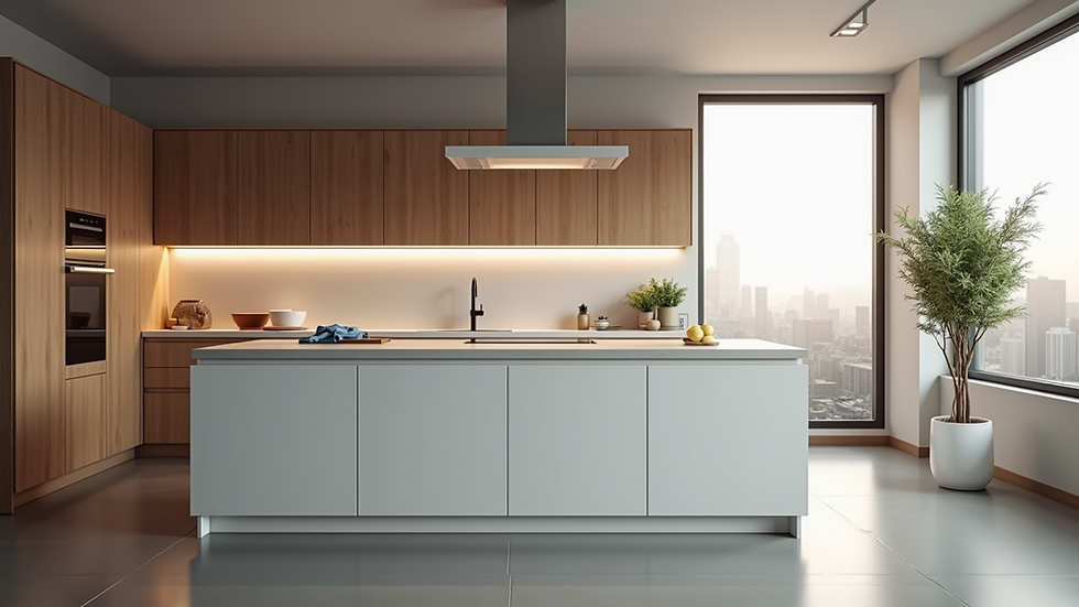 Eye-level view of modern kitchen with sleek cabinets and island