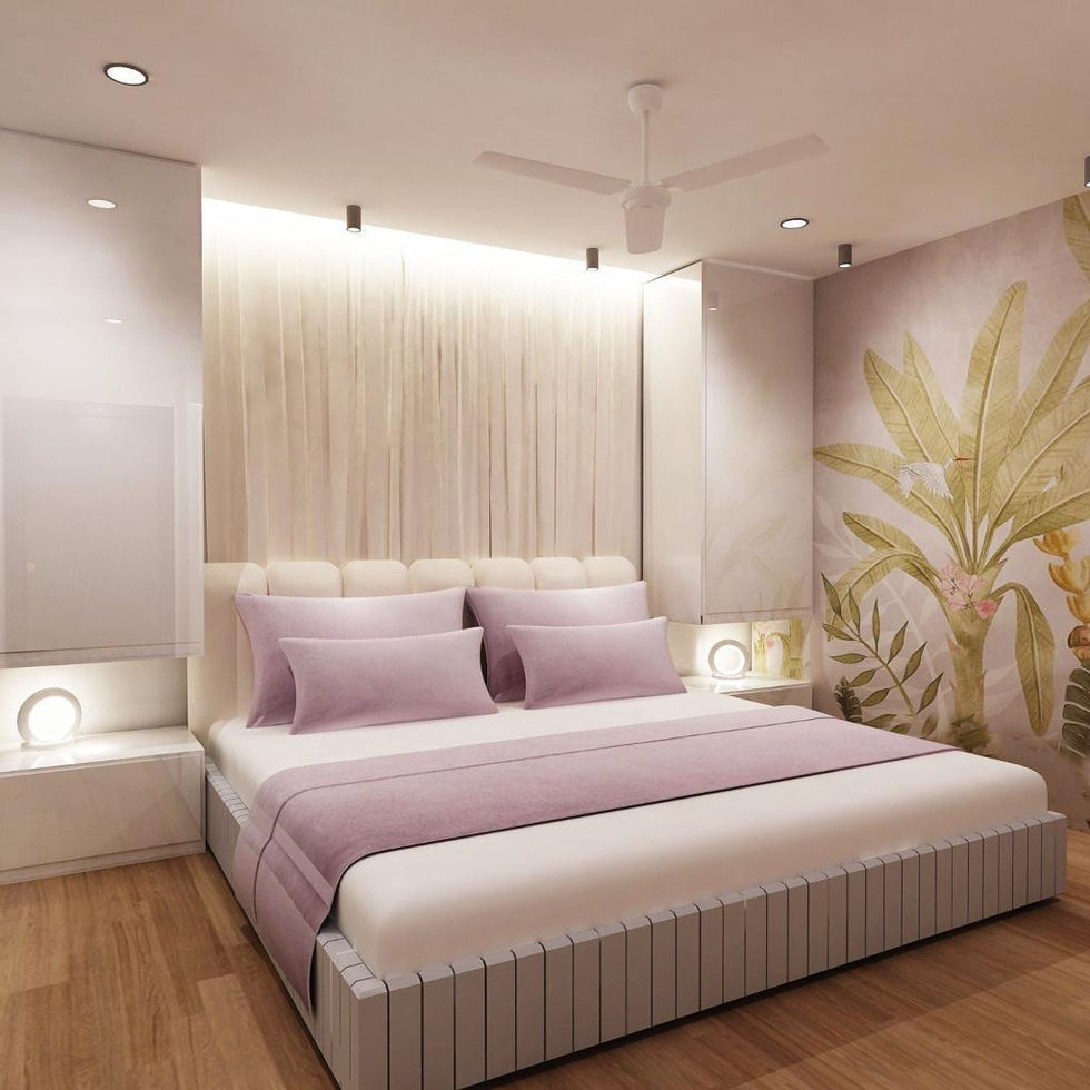 a bedroom with a bed and a ceiling fan