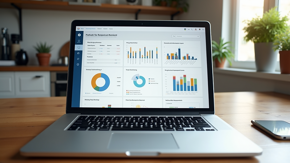 High angle view of a laptop displaying a renovation project management software dashboard