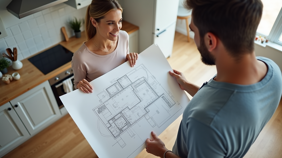 High angle view of kitchen designer showing plans to homeowner