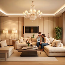 couple sitting and laughing in a beige color living room nicely decorated with cabinets
