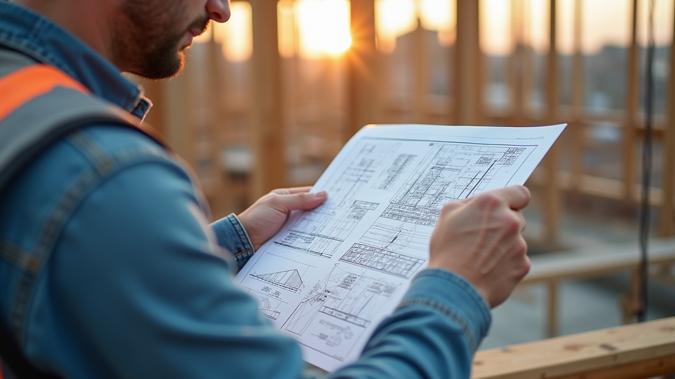 Close-up view of a contractor reviewing blueprints on a construction site
