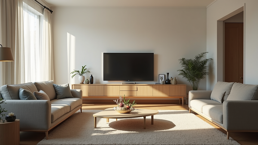 Eye-level view of a well-organized living room with a smart furniture layout