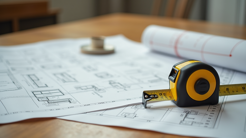Close-up view of a renovation blueprint and measuring tape on a wooden table