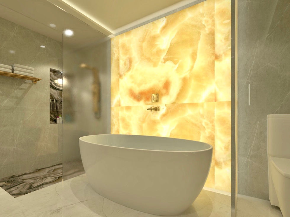 a bathtub in a bathroom with a yellow wall behind it