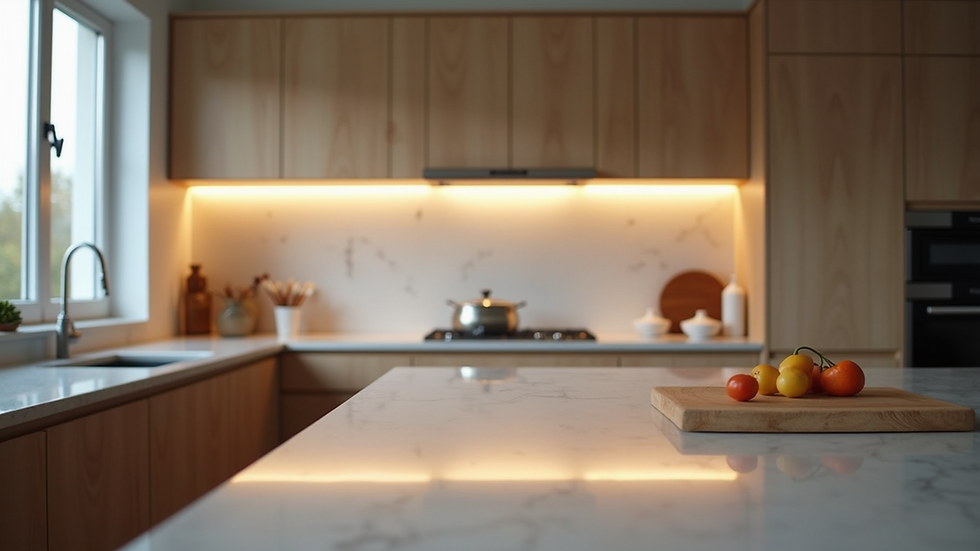 Eye-level view of a modern kitchen with custom cabinetry and lighting