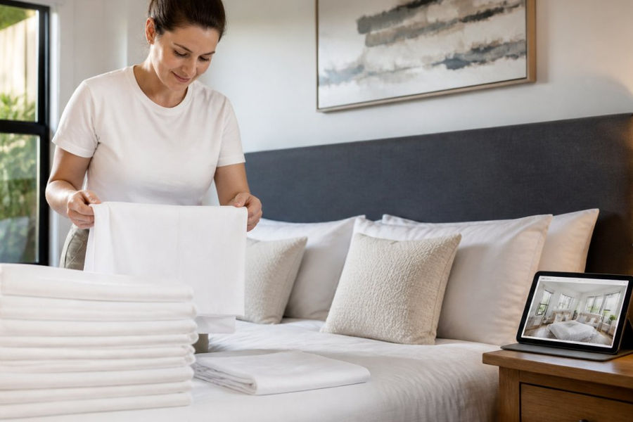 Host folding fresh white linens in a bright bedroom with an Airbnb listing visible on a tablet on the nightstand