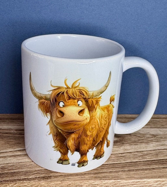 White Printed Mug - 11oz - Funky Highland Cow