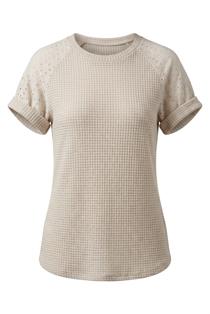 Thumbnail: Crewneck Eyelet Lace Panel Short Sleeve Knit T-Shirt